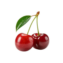 Fresh Red Cherries with Green Leaf on transparent Background

