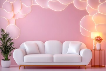 Pink room with white sofa plant lamp and flowers  Soft lighting and organic wall dcor