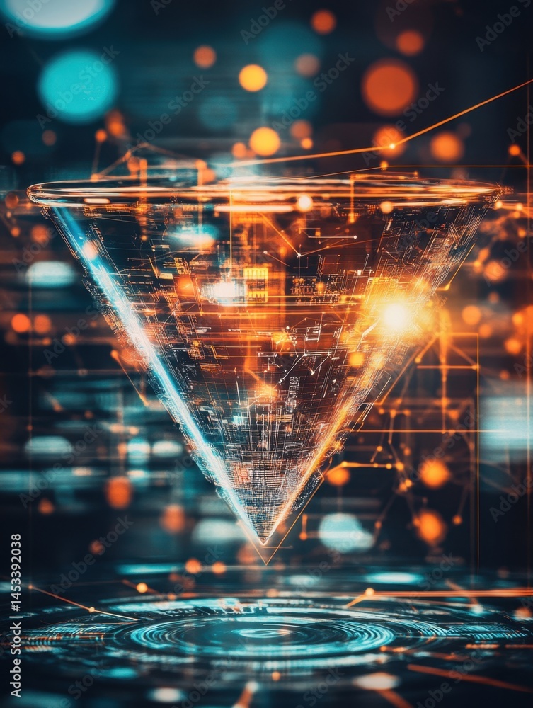 Aufkleber abstract digital triangle floating above circular pattern with bokeh lights background