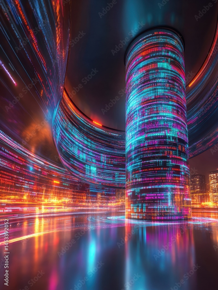 Poster futuristic data center with glowing light streams and reflections on a polished floor