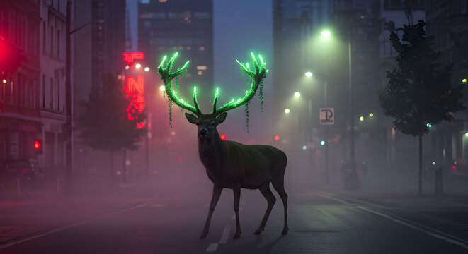 Fantasy glowing deer in mysterious neon forest
