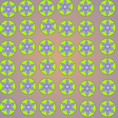 This image features a seamless circular floral motif pattern, each containing symmetrical purple flowers with eight petals set against an attractive gradient background. 