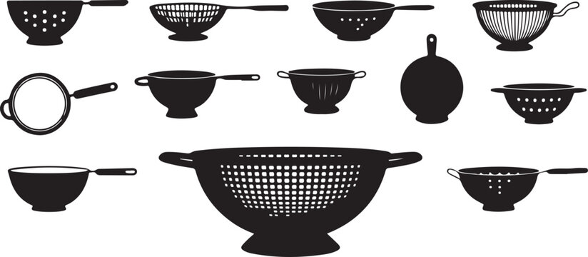 Collection of Kitchen Colanders and Strainers Silhouette Vector for Cooking Tools, Culinary Icons, Recipe Graphics, and Food Preparation Design