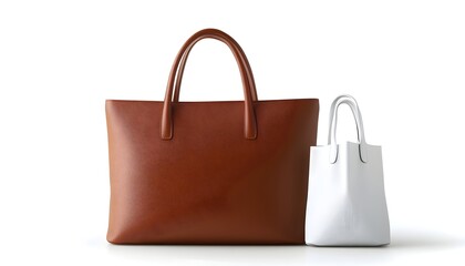 A brown and white leather tote bag set, one large and one small, shown against a white background