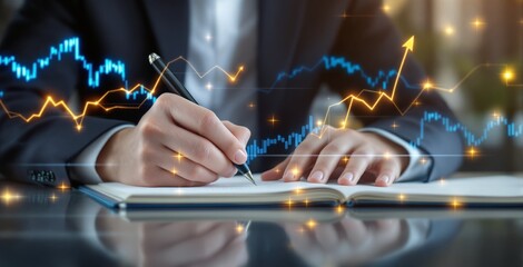 Businessperson writing in notebook with glowing financial graphs overlayed, creative style, blurred office background, concept of financial strategy. Ai generative