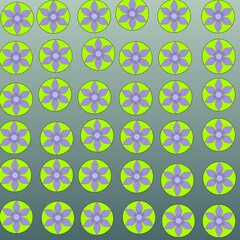 This image features a seamless circular floral motif pattern, each containing symmetrical purple flowers with eight petals set against an attractive gradient background. 