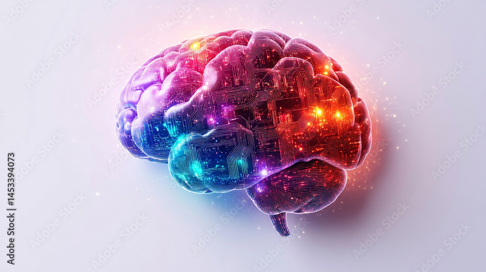 Poster a futuristic electronic brain with glowing circuits symbolizes artificial intelligence, innovation, 