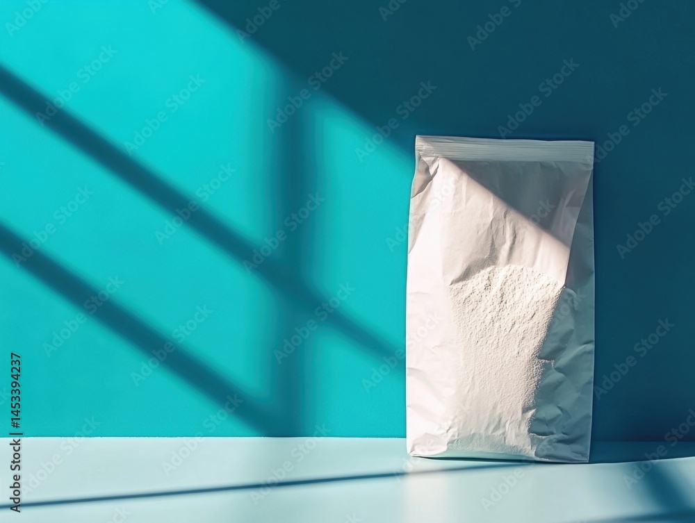 Poster flour package on a blue background with light and shadow creating a minimalist design