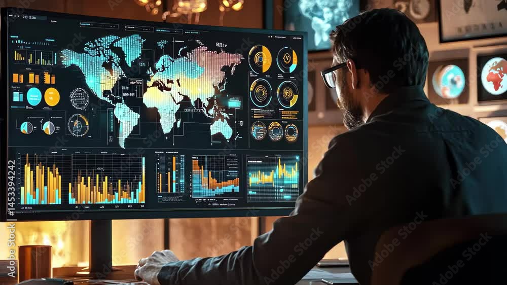 Poster global data analytics showcased on a digital screen in modern office environment, global data analyt
