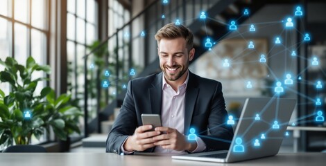 Smiling business professional using smartphone and laptop with glowing network icons around, creative digital concept in modern office background. Ai generative