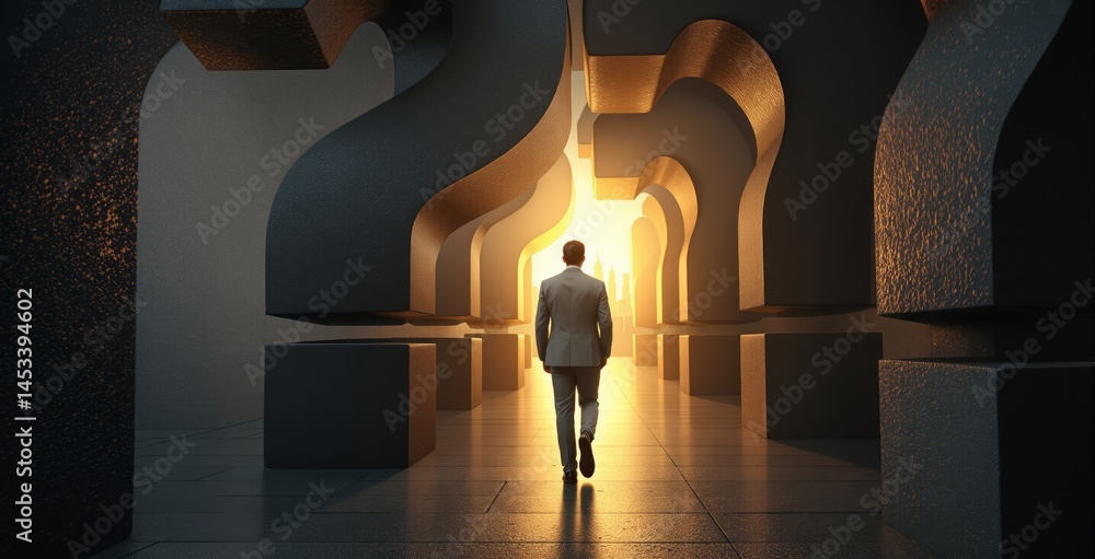Aufkleber man in suit walking through corridor of large question marks with glowing light and city skyline in 