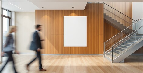 Vertical blank poster template on wood-paneled wall in a modern business office with stairs and blurred people walking, concept of design space. Ai generative