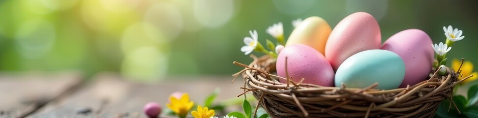 Pastel Easter eggs nestled in a woven bird's nest with spring flowers , spring, symbol