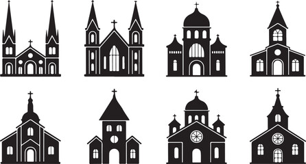 Fototapeta premium Church Building Silhouette Vector Collection in Black Featuring Steeples, Domes and Crosses for Religious Graphics, Christian Art and Worship Designs