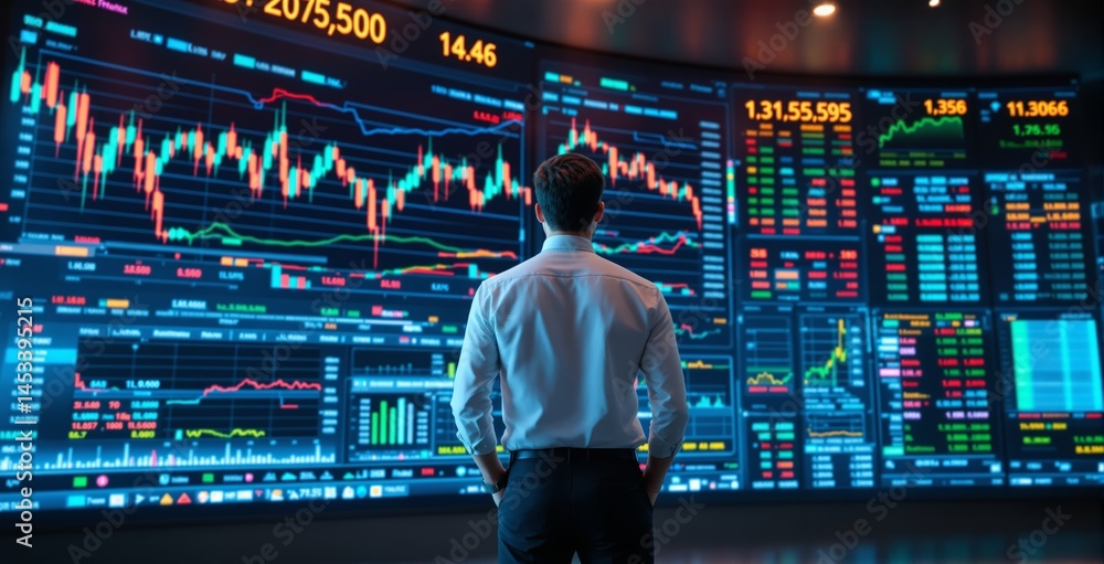 Poster man in formal attire observing digital stock market charts and graphs in a futuristic business setup