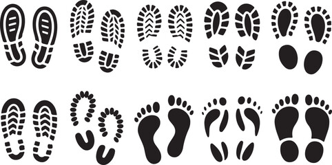Footprint Silhouette Vector Collection in Black Featuring Shoe Prints, Barefoot Tracks and Boot Patterns for Trail Graphics, Signs and Tracking Icons