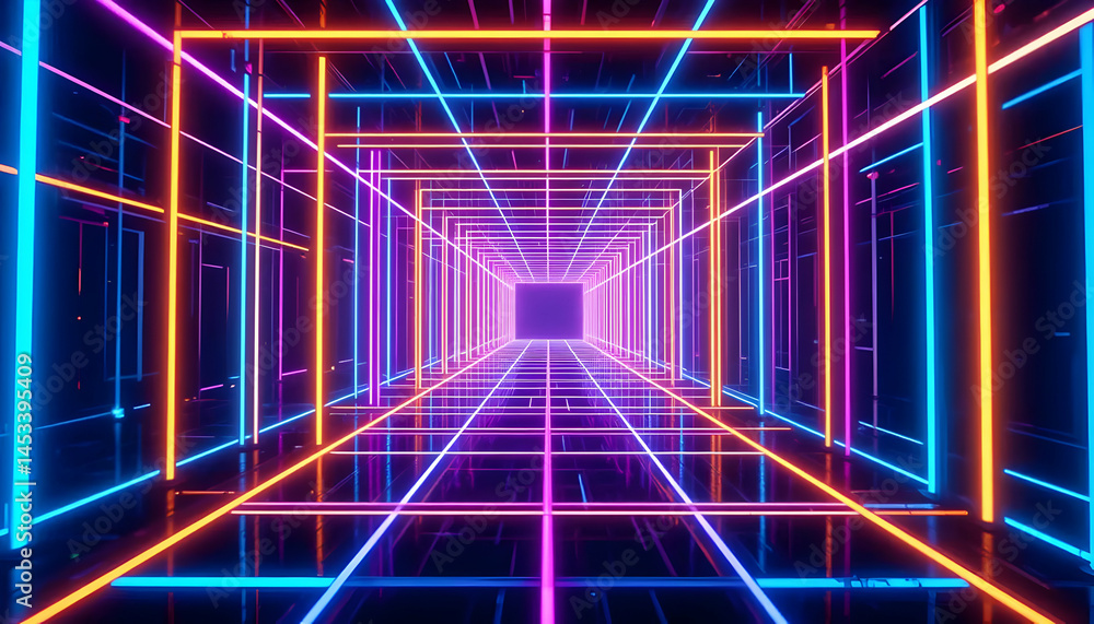 Poster vibrant neon grid tunnel abstract 3d render of colorful light lines and geometric shapes