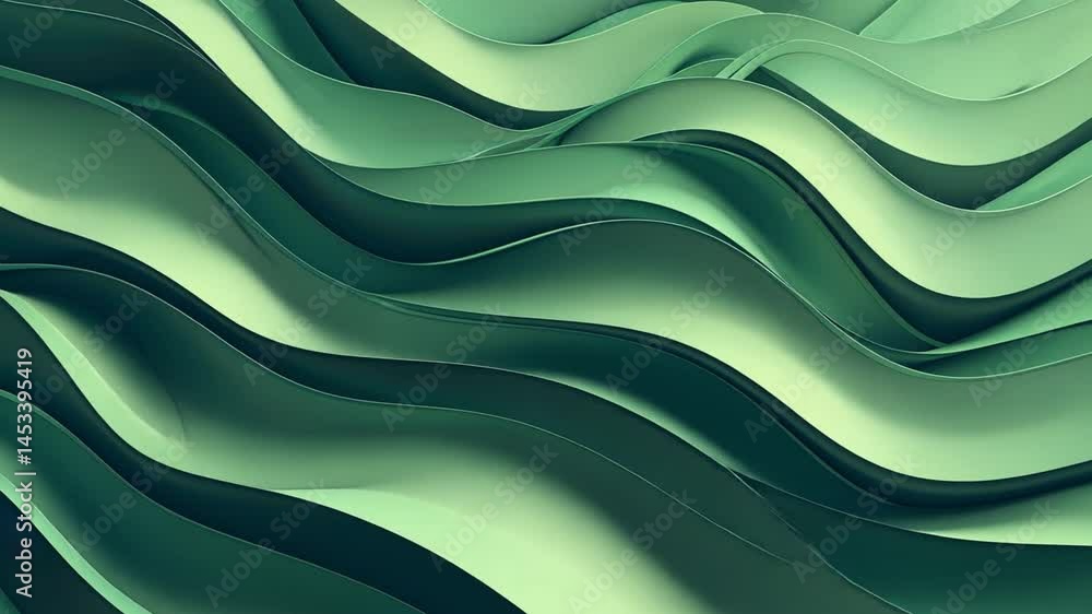 Poster Smooth green waves create tranquil abstract background, showcasing harmonious curves and layers that evoke sense of serenity and depth in design and texture.