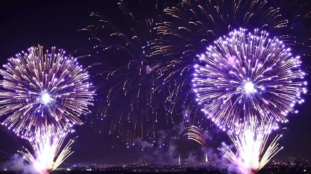 Brilliant 4K looped footage dazzling fireworks display lighting night sky ideal holiday celebrations New Year&rsquo;s Eve Independence Day festivities