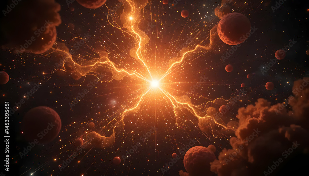 Poster cosmic energy burst a stunning visualization of a celestial explosion with glowing plasma and nebulo