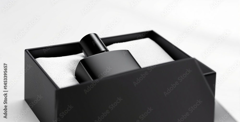 Poster elegant matte perfume bottle displayed in a premium open gift box with soft fabric lining on a white