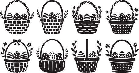 Easter Basket Silhouette Vector Collection in Black Featuring Decorated Eggs and Floral Details for Holiday Crafts, Spring Decor and Greeting Card Design