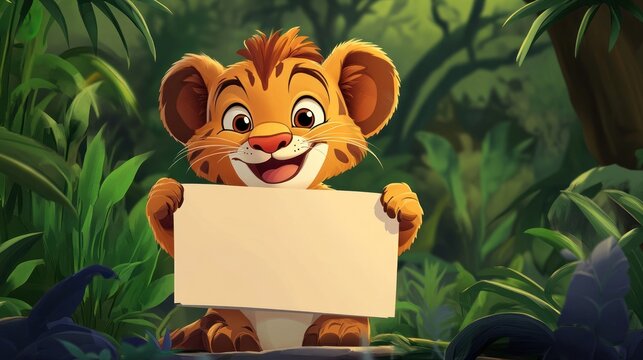 Cute lion cub holding blank sign in jungle (15)