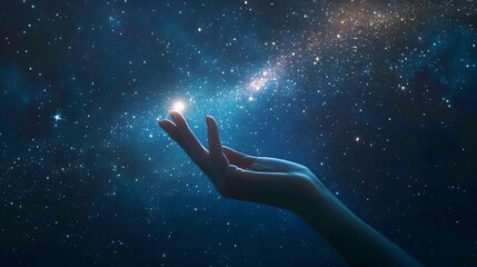 Hand Reaching for a Shooting Star: A hand stretching out to catch a shooting star, with a vibrant night sky full of twinkling stars. 
