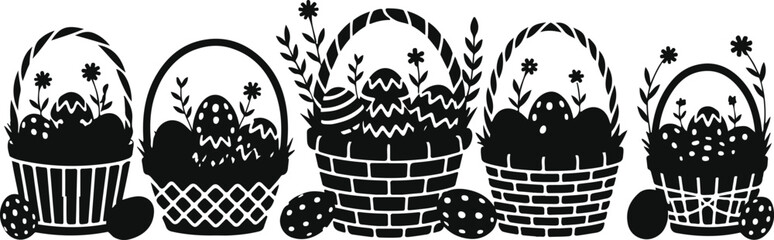 Easter Basket Silhouette Vector Collection in Black Featuring Decorated Eggs and Floral Details for Holiday Crafts, Spring Decor and Greeting Card Design