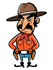 Sheriff cowboys cartoon characters wearing cowboys hat, scarf, jeans, and boots. Carrying a handgun. Best for sticker, logo, and mascot with wild west themes