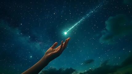 Hand Reaching for a Shooting Star: A hand stretching out to catch a shooting star, with a vibrant night sky full of twinkling stars. 
