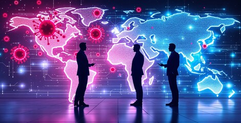 Silhouettes of business people communicating against a glowing digital world map with virus symbols, in a futuristic creative style on neon background. Ai generative