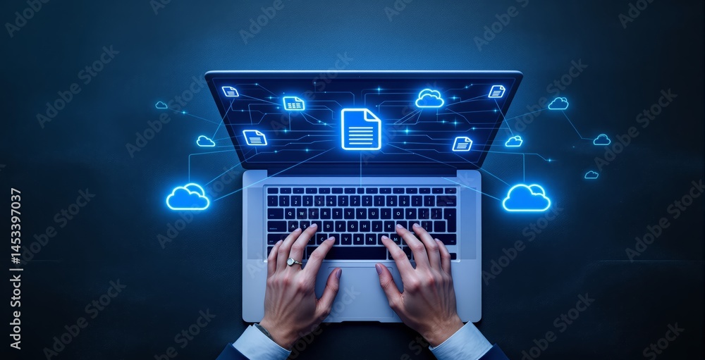 Poster hands typing on laptop with glowing cloud and document icons, digital style on dark background, conc