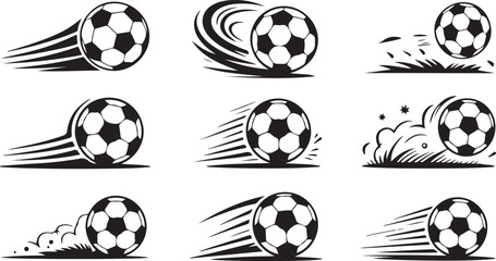 Soccer Ball in Motion Silhouette Vector Collection Featuring Speed Effects and Kicks for Football Logos, Sports Graphics and Dynamic Athletic Designs