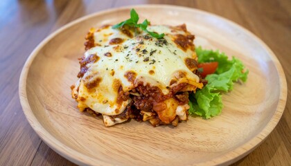 lasagna on wooden with garnish at wood plate at the top table