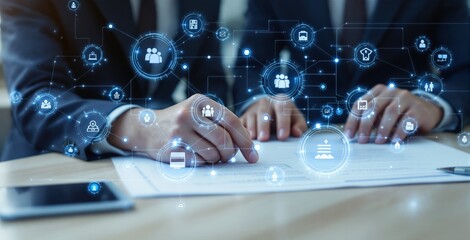 Business professionals reviewing documents with digital data interface overlay, futuristic style, on a light office background. Concept of digital business. Ai generative