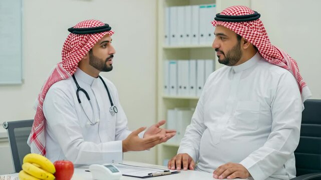Arab doctor talking to overweight patient during medical consultation in clinic, ideal for content about health and nutrition advice, lifestyle changes, medical support, and weight management.