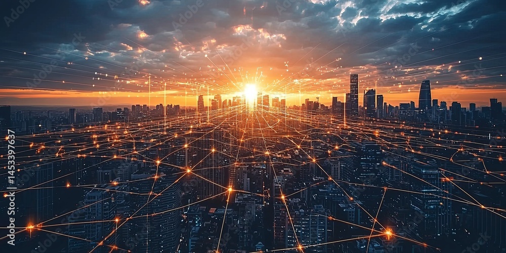 Poster vibrant city skyline at sunset with network connections representing digital communication and techn