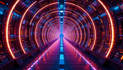 Neon-lit futuristic tunnel A digital art rendering of a vibrant, otherworldly passageway with glowing circles and lines, evoking a sense of journey and discovery.