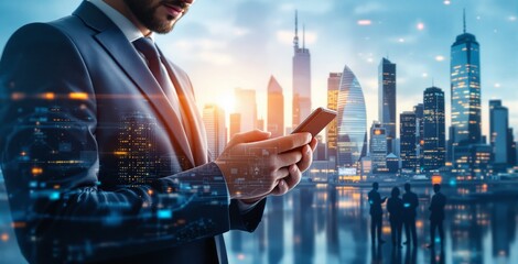 Businessman in suit using smartphone with digital holograms overlay, futuristic style, city skyline background at dusk, concept of business technology. Ai generative
