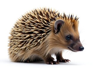 Obraz premium Brown hedgehog on white, facing left, spiny detail visible, fur, animal, wildlife