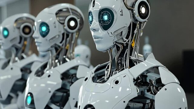 Robotic Harmony: A squadron of futuristic robots stand in perfect formation. The image showcases a world where technology and advanced artificial intelligence are integral parts of the landscape. 