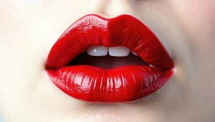 Obraz premium Close-up of luscious red lips against pure white backdrop, glossy, scarlet, color