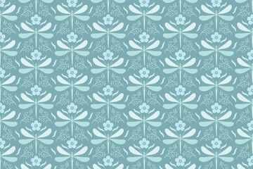 cute Floral Seamless Pattern. A delicate and intricate seamless pattern featuring stylized dragonflies and flowers in soft blue hues. Nature Patterns and leaf tree pattern.