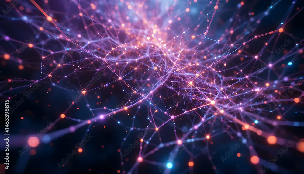 Poster abstract network visualization glowing nodes and connections in a dark space