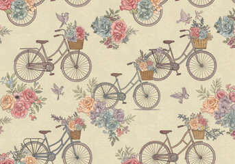 Bicycle surrounded by flowers against a seam pattern background.
