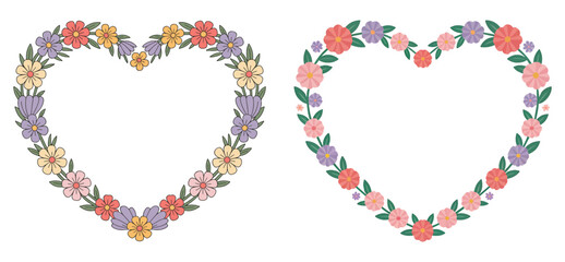 vector floral two heart frame with colorful flowers