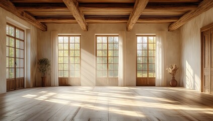 Empty, sunlit room with wooden beams and large windows.