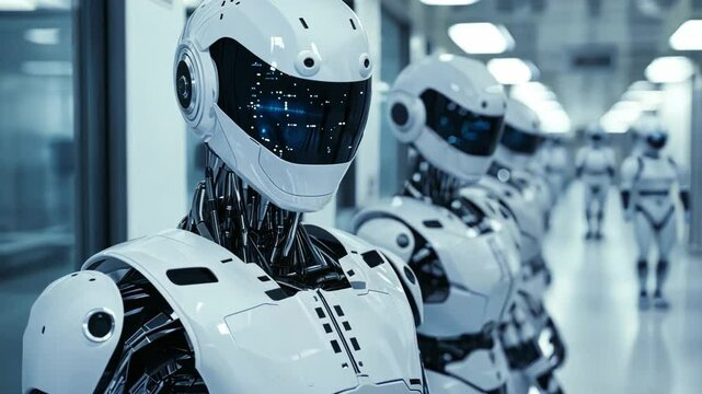 Future Guardians: A futuristic composition showcases a squadron of advanced robots lined up with sleek design and advanced technology, symbolizing innovation and technological advancement.