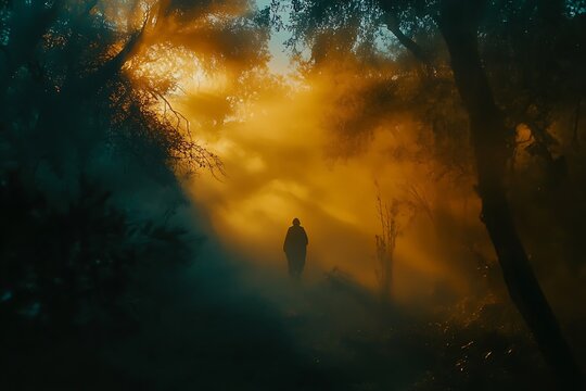 Solitary Figure Walks in Forest, Amidst Fog, Golden Hues and Mystical Light